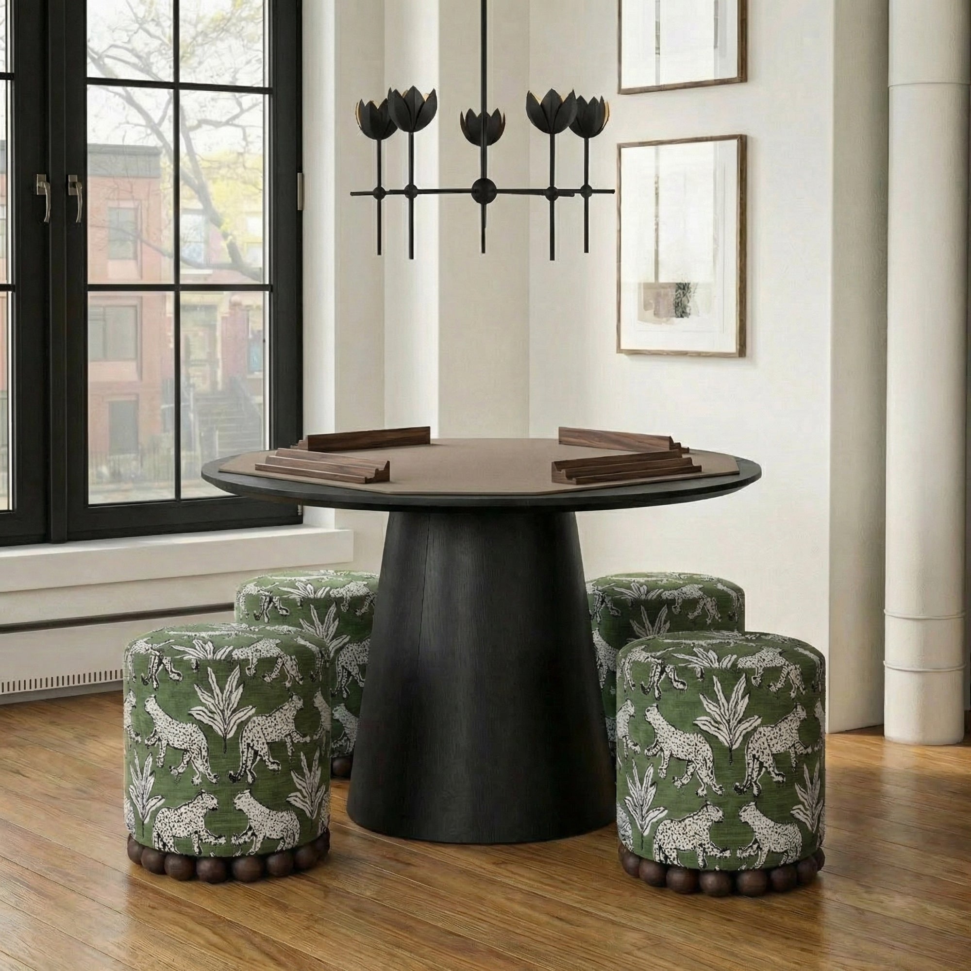 Dex Green Leopard Performance Jacquard Ottoman