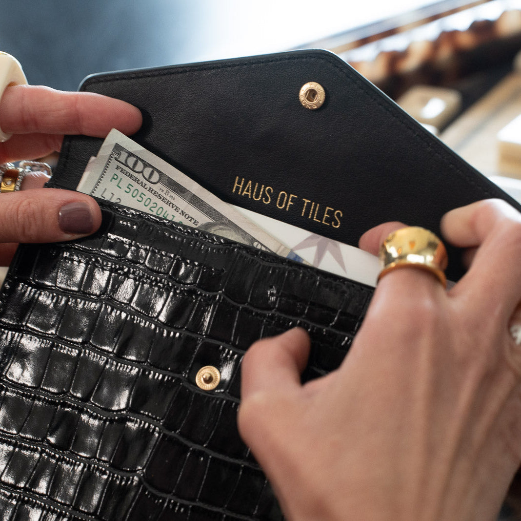 Mahjong Card Clutch | Black Genuine Croc-Embossed Leather