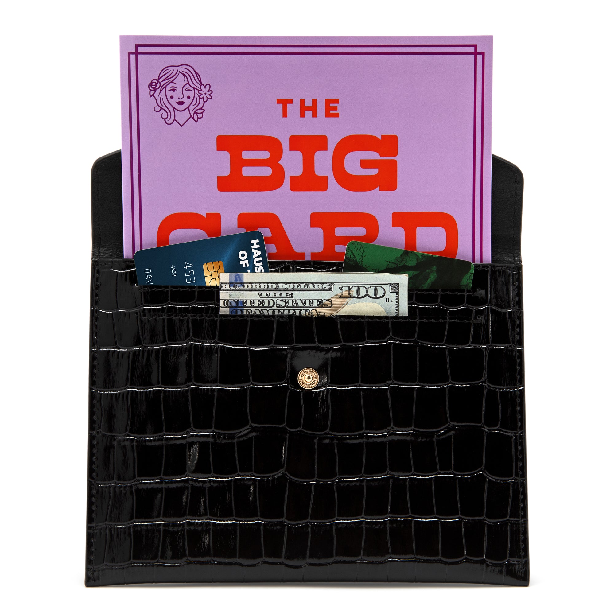 Mahjong Card Clutch | Black Genuine Croc-Embossed Leather